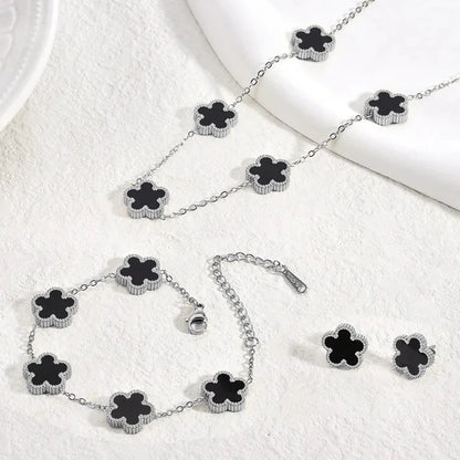 Stainless Steel Sets Earrings Necklace Bracelet Christmas Birthday Gifts Gold Plated Women's Double Sided Flower Elegant Fashion