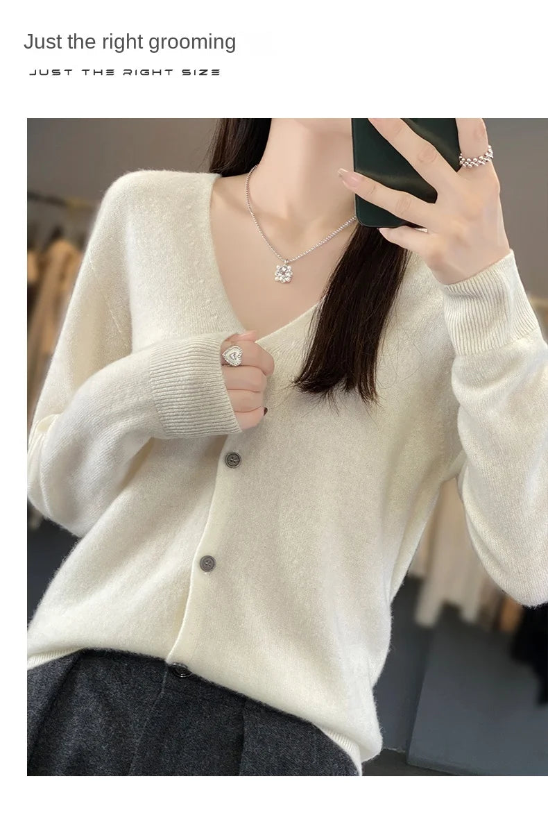 100 Merino Wool Knitted V-neck Sweater Women's Top Loose Korean Version Fashionable Versatile Autumn And Winter Cashmere Sweater
