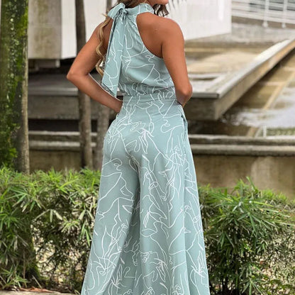 Women's 2025 Off-Shoulder Jumpsuit Flare Wide Leg Romper Artistic Print Lace-up High Waist Vacation Street Style Light Social Badiee Stylez