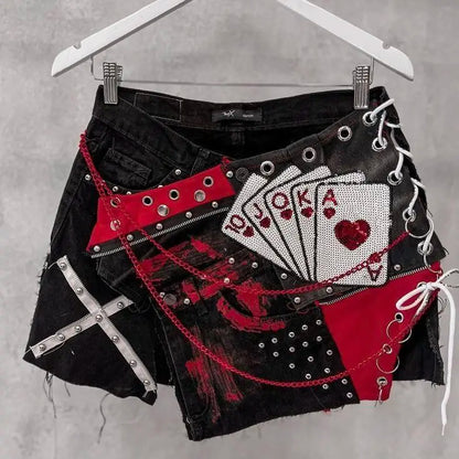 Gothic Retro Skirt Y2K Denim Shorts Sweetheart Playing Card Graphic Retro Rhinestone Baggy Shorts High Waist Slim Fit Mini Skirt 2