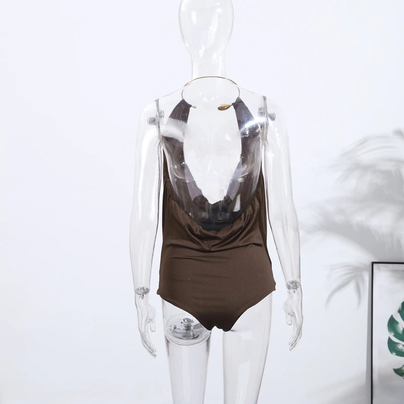 Sexy Metal Halter Deep V-neck Jumpsuits Women High Street Backless Sleeveless Short Bodysuit 2025 Summer New Lady Slim Clubwear