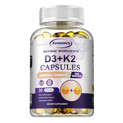 Vitamin D3 5000IU and 200 Mcg Vitamin K2 (MK-7) Capsules for Calcium Absorption, Bone Regeneration, Immune Support, Easy To Melt 30 Capsules