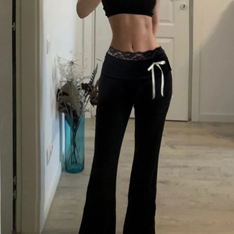 Cuteandpsycho Lace Patchwork Bow Straight Pants Y2K Fashion Aesthetic Cute Trousers Harajuku Streetwear Joggers 2000s Bottoms