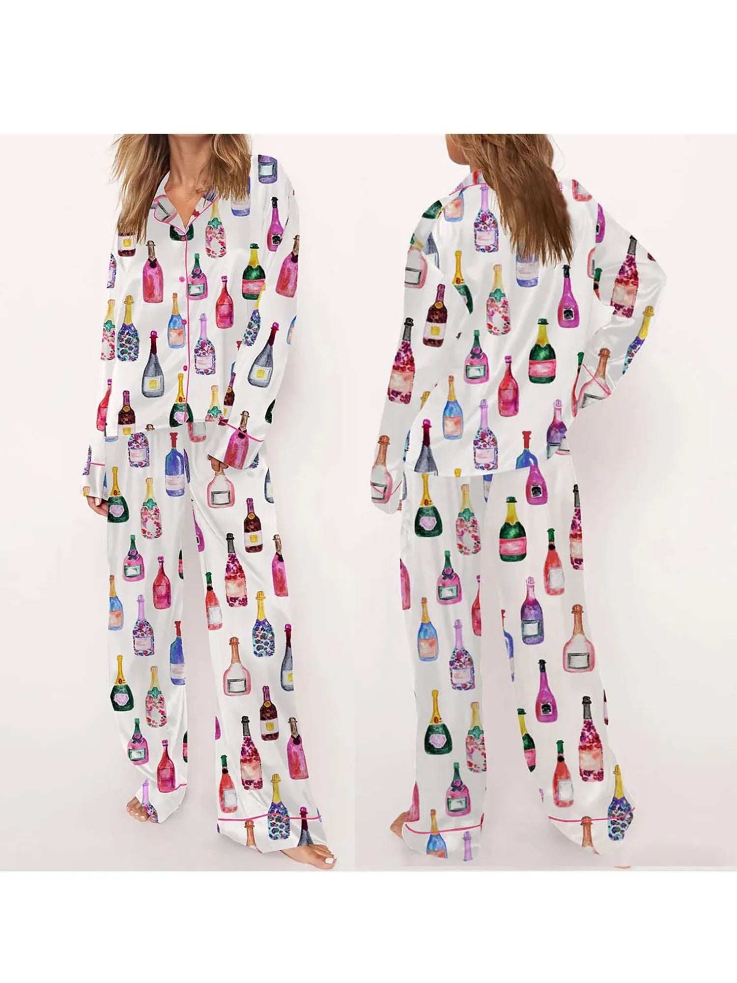 Womens Satin Pajamas Sets 2 Piece Set Champagne Bottle Wine Glasses Long Sleeve Button down Shirt Pants Satin Silk Loungewear