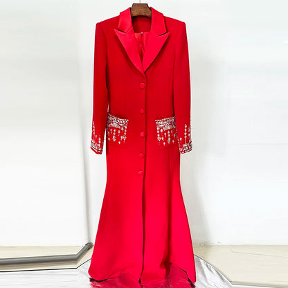 HIGH STREET Newest 2025 Designer Fashion Women's Long Sleeve Notched Collar Rhinestone Diamonds Beading Maxi Long Dress Badiee Stylez