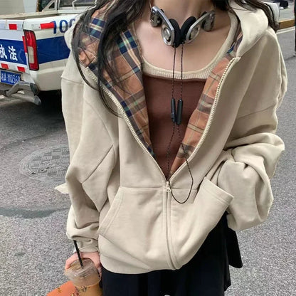 Brown Zip Up Hoodie Women 2023 Autumn Lattice stitching Long Sleeve Casual Oversized Sweatshirt Solid Jacket Women Clothing apricot