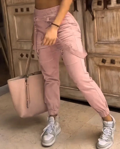 Women's Cargo Pants Casual Trousers 2024 Spring Autumn Solid Color Trend Street Pocket Design Cuff Suspenders Streetwear Women Lotus root starch