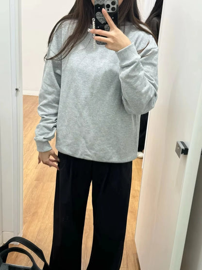 Fashion Trends Solid Long Sleeves Top Spring Black Red Round Neck Sweatshirts Simple Classic Letter Loose Casual Sports Top grey