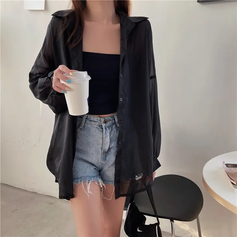 Semi Sheer Long Sleeve Shirt for Women Shimmer Button Down Collared Plain Lightweight Shirt Spring Summer Chic Tops Outfit