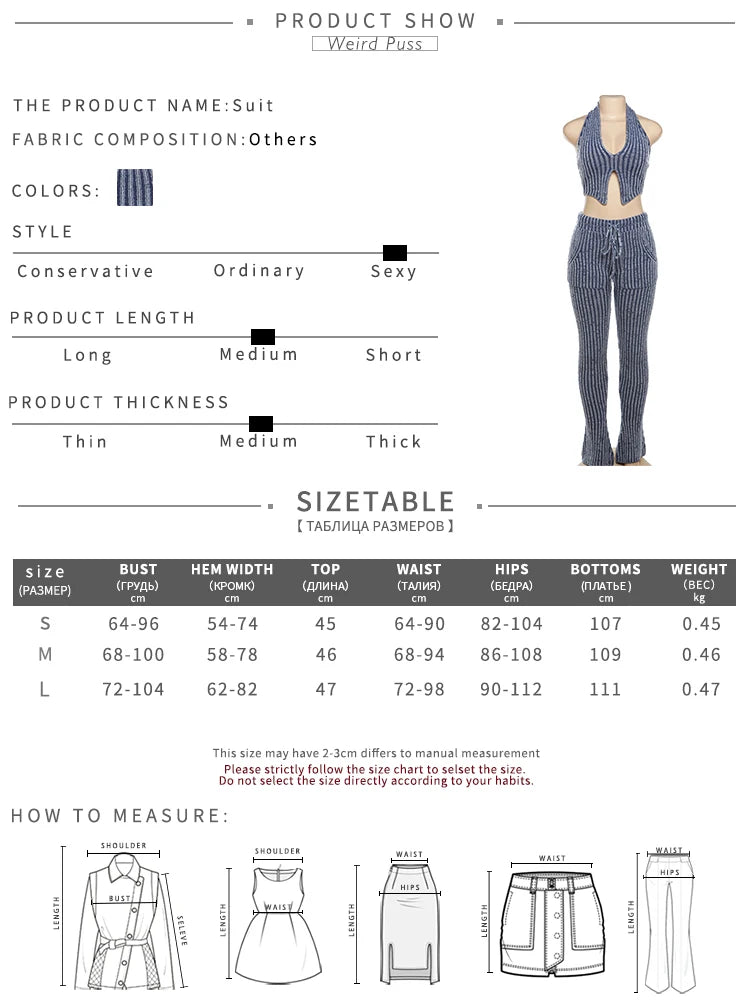 Weird Puss Patchwork Striped Women Casual 2 Piece Set Crochet Halter Low-Neck Vest+Pocket Pants Stretch Skinny Matching Suit Badiee Stylez