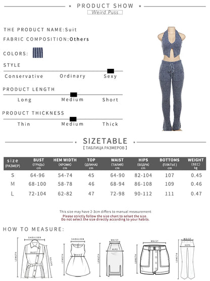 Weird Puss Patchwork Striped Women Casual 2 Piece Set Crochet Halter Low-Neck Vest+Pocket Pants Stretch Skinny Matching Suit Badiee Stylez