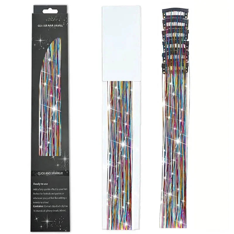 6-Piece Set BB Clip Tinsel Hair Metal Laser Gold Thread PET Laser Thread Highlighting Cross-Border Hair Accessories BB clip three-color tassel (6 black boxed)