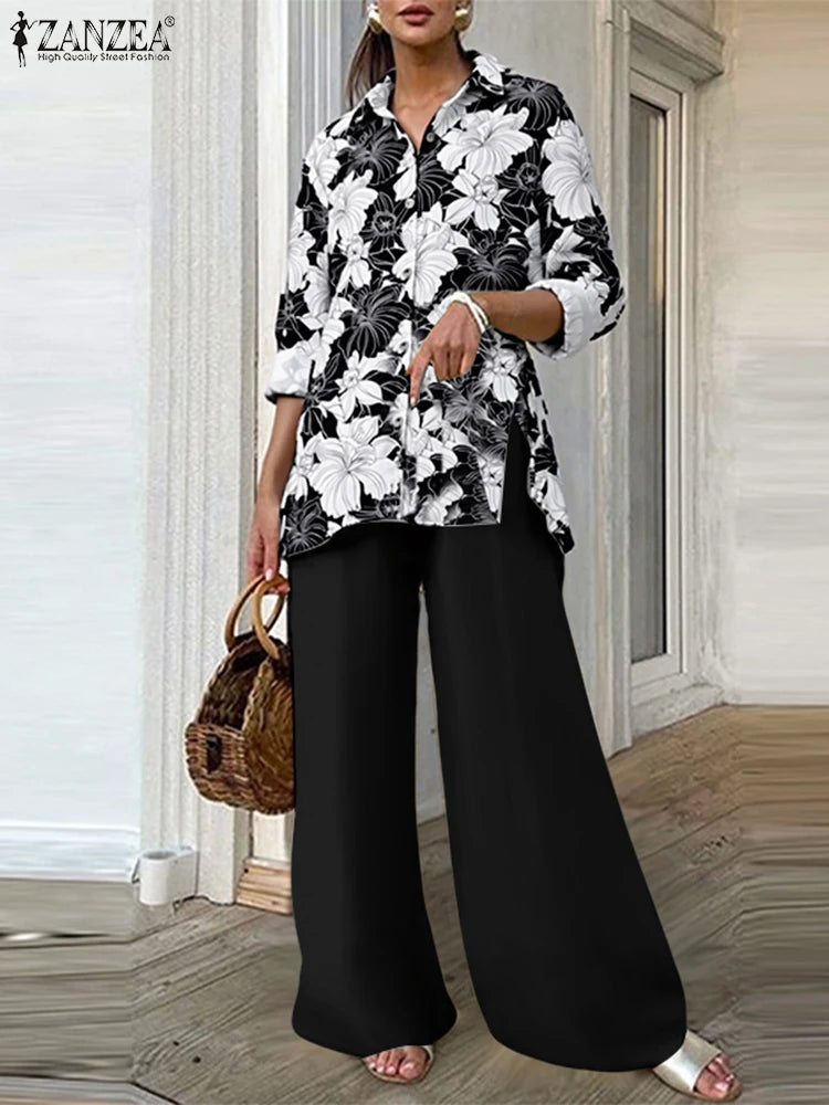 ZANZEA Autumn Vintage Pant Sets Women Fashion 2 Piece Outfits 2025 Elegant Long Sleeve Print Tops and Elastic Waist Pants 2pcs Badiee Stylez