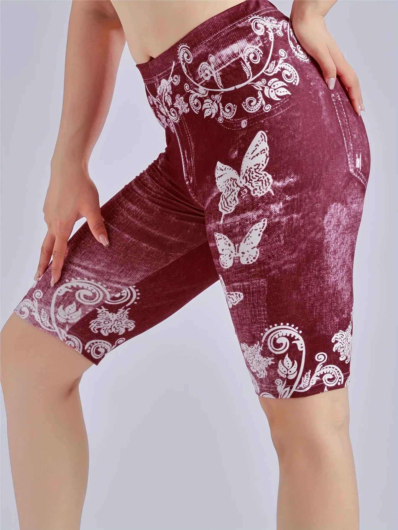 3 Piece Set Of Lmitation Denim Leggings For Women Butterfly Waist Fruit Flower Elastic Shorts High Waist Casual Red