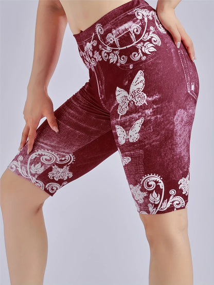 3 Piece Set Of Lmitation Denim Leggings For Women Butterfly Waist Fruit Flower Elastic Shorts High Waist Casual Red