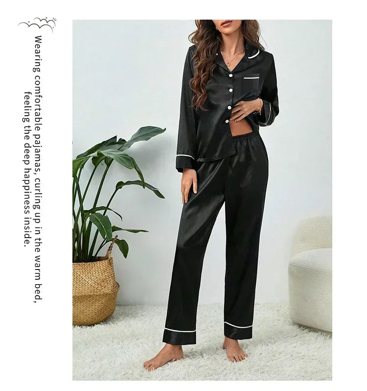 Spring Autumn Silk Pajamas Set for Women Casual Soft Nightwear Long Shirt Tops and Long Pants Cardigan Sleepwear Homewear