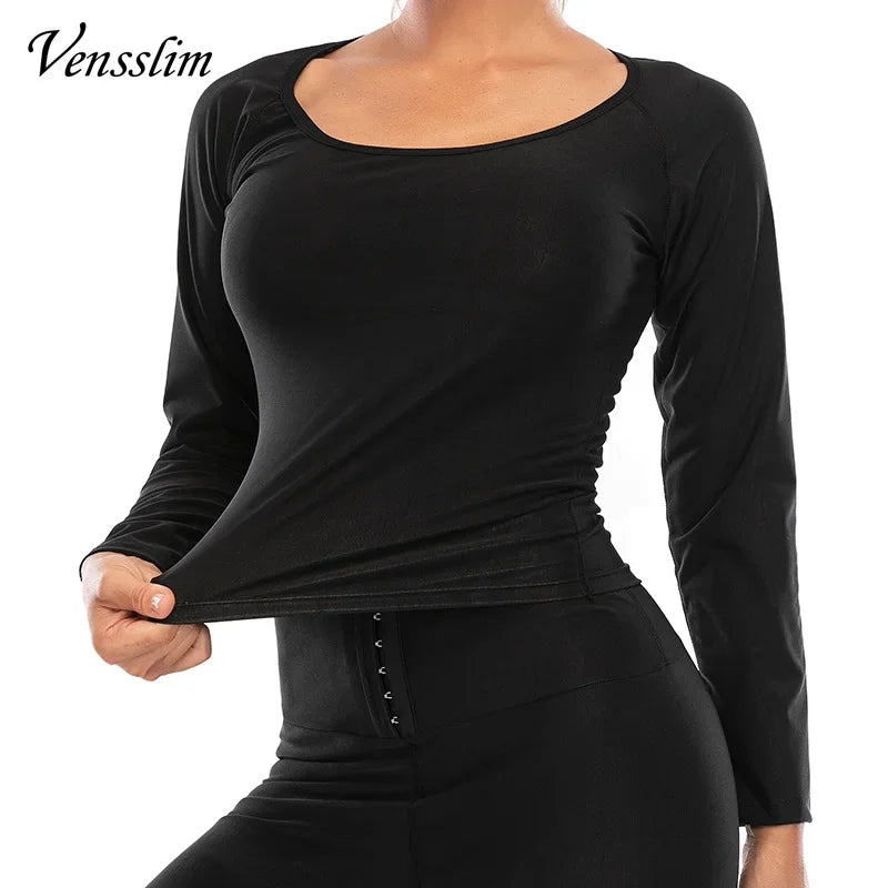 Vensslim Body Shaper Sauna Suits Sweat Slimming Waist Trainer Corset Long Sleeve Fat Burn Shirt Women Workout Tummy Control Tops