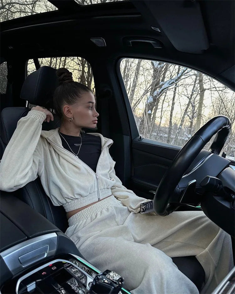 Autumn Winter Casual Two Piece Set Women Street Trend Long-sleeved Hooded Cardigan Sexy Waist Waist Elastic Trousers Tracksuit