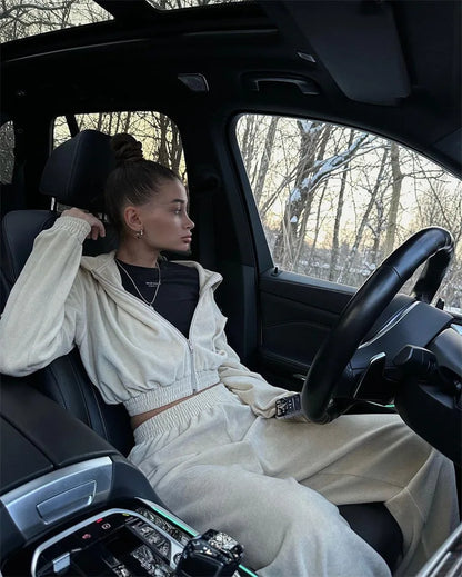 Autumn Winter Casual Two Piece Set Women Street Trend Long-sleeved Hooded Cardigan Sexy Waist Waist Elastic Trousers Tracksuit