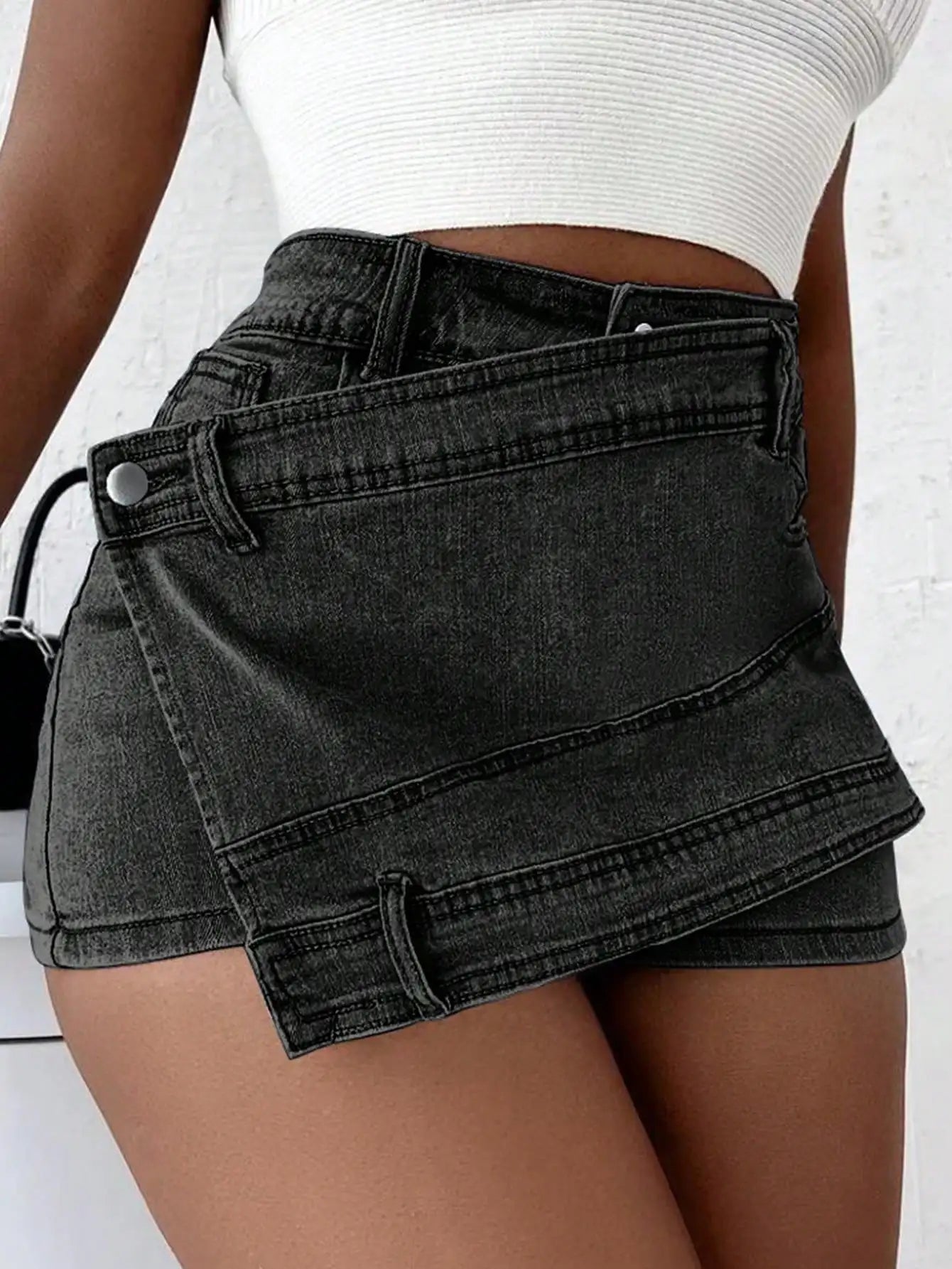 2023 Women Fashion Denim Mini Skort Rave Street Wrap Stretch Irregular A-Line Skinny Cargo Jean Shorts Mujer black