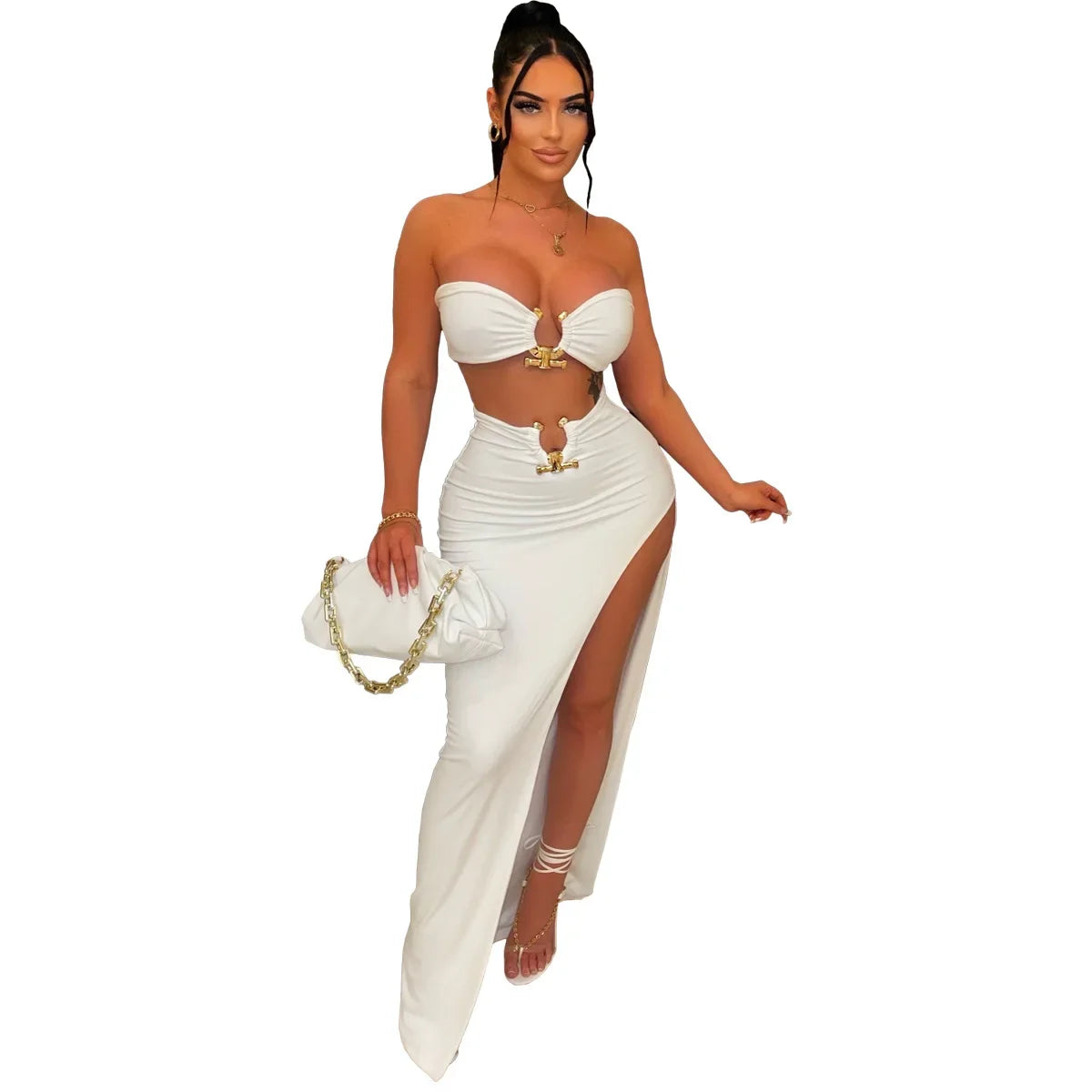 New Chic Gold Ring Bandeau Slit Skirt Two-Piece Set Womens Beautiful Off Shoulder Matching Skirt Set Nightclub Outfits Badiee Stylez
