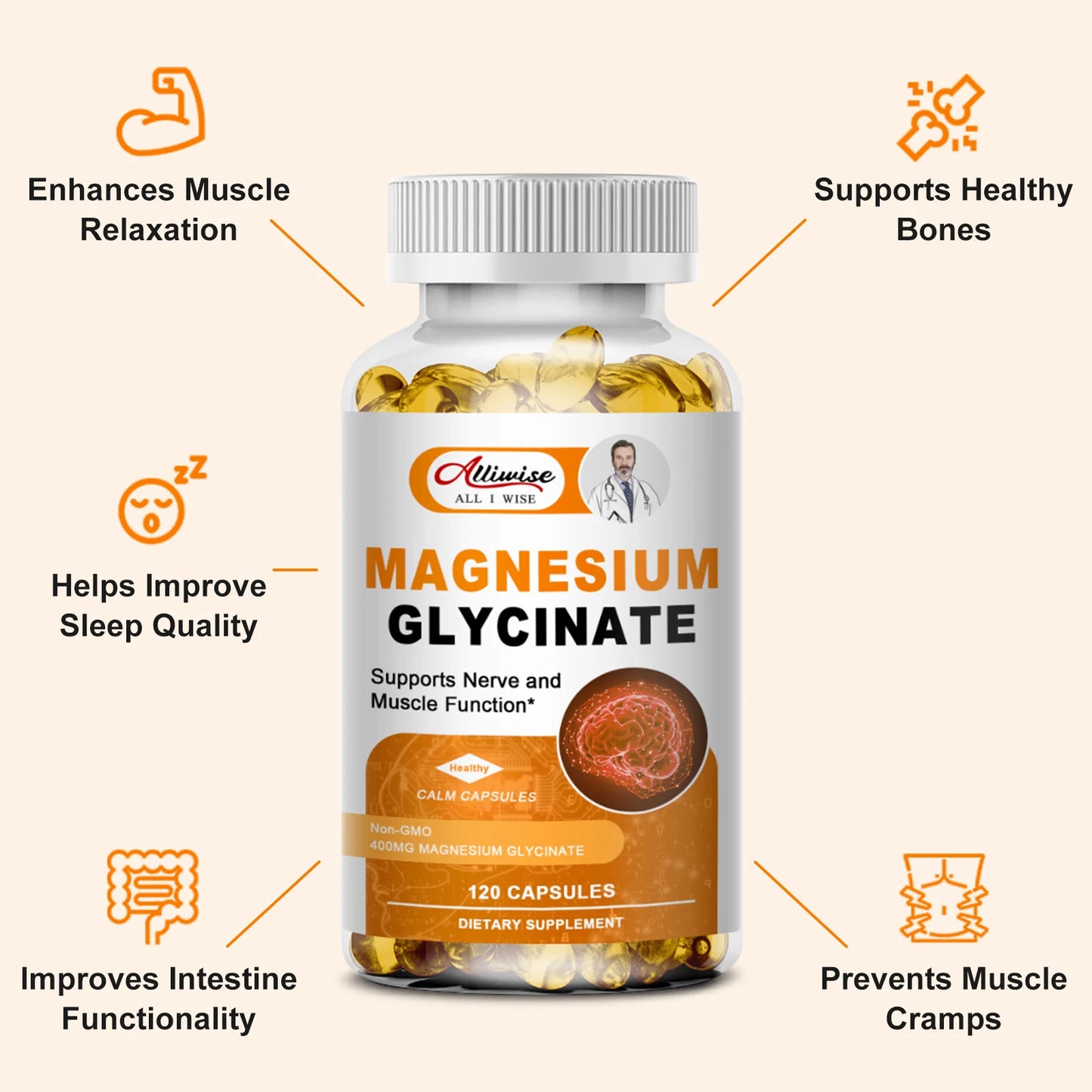 Magnesium Glycinate Supplement 400mg Magnesium with Vitamin D3 & B6 Supports Bone, Memory, Calm, Mood & improve Sleep, 120pcs