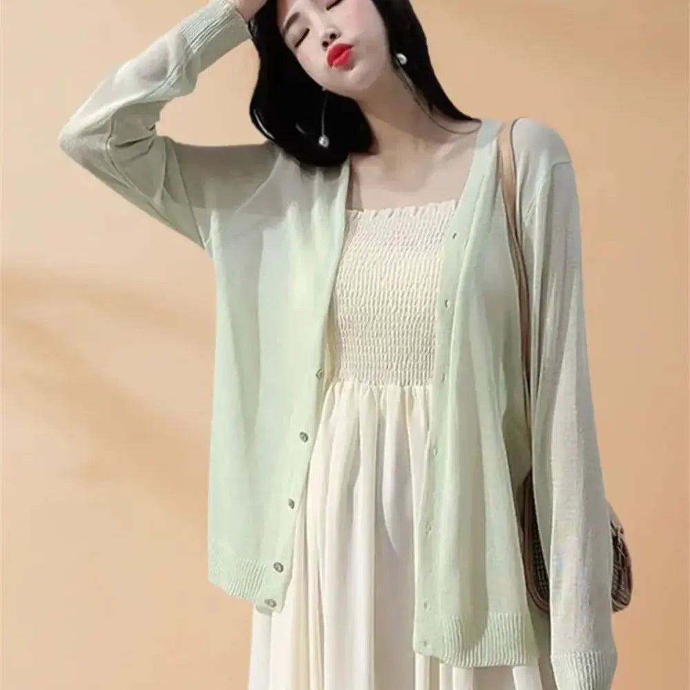 Spring Summer Comfortable Casual Blouses white knitted cardigan 2024 Women's Clothing Solid V-neck Elegant Fashion Button Loose
