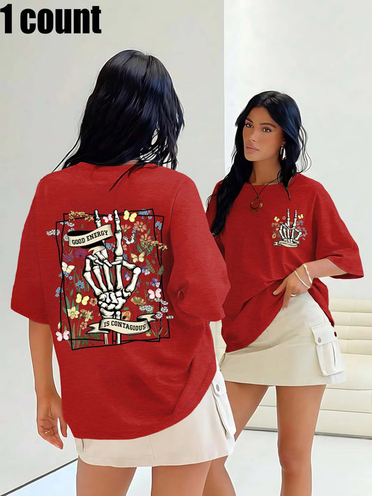Plus - Size White Round Neck T - Shirt with Good Energy - Contagious - themed Print: Boho - flavored and Positive - vibe Red