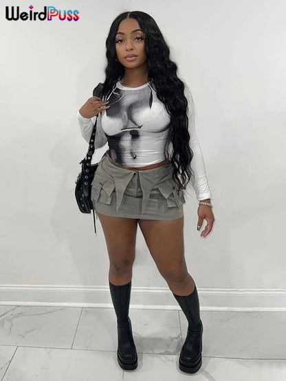 Weird Puss Sexy Print Women Crop Top Long Sleeve O Neck 2023 SpringTrend Skinny Wild Stretchy Vintage Midnight Streetwear Tees