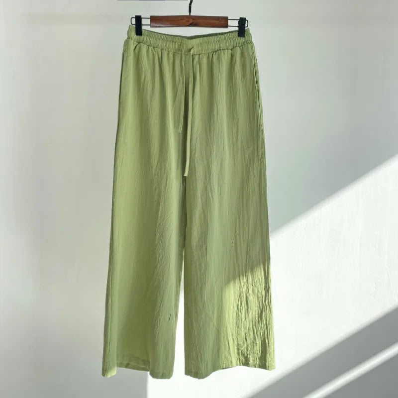 Pants Set Women Shirts Wide Leg Elastic Waist Cotton Linen Casual Sets Elegant Loose Long Sleeve Lapel Spring Shirt Y2k Suit