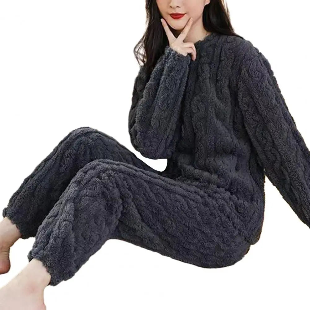 Women Warm 2 Piece Sets Thicken Soft Velvet Ribbed Fleece Set Pullover And Pants Casual Pajama Sets Women Autumn Winter 2023 Dark Gray