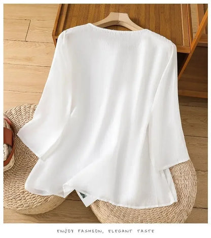 Thin Streetwear Vintage Clothes Ethnic Style Cotton Linen Shirts for Women Clothing Top Tshirt Tees Fashion Casual Embroidery