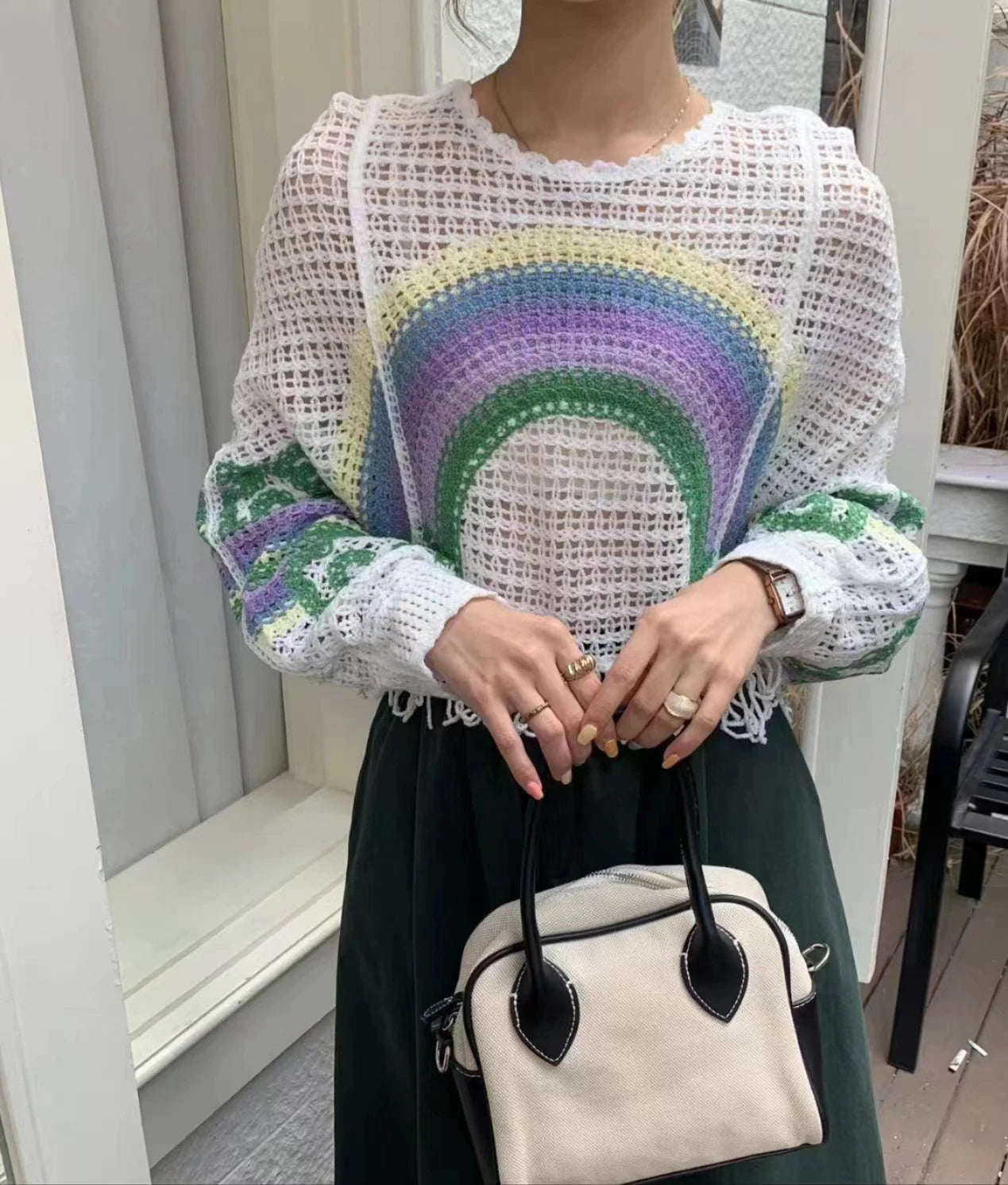 Embroidery Rainbow Crochet Top Sheer Openwork Pullover Batwing Sleeve Cover Up for Women Spring Summer Fairycore Outfit Badiee Stylez