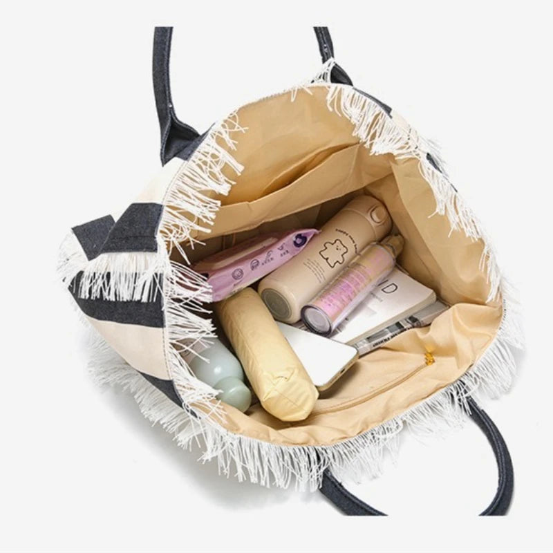 European and American Letters Tassel Canvas Bag Arge Capacity Handbags Travel Women Beach Tote Bag Fashion Casual Shopping Bags