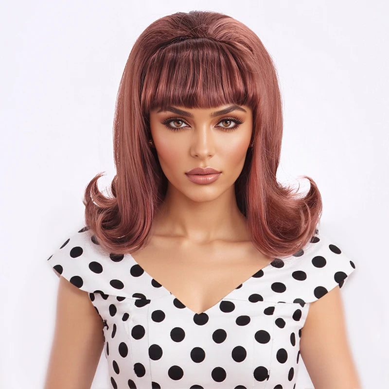 Synthetic A 14-inch black vintage period women's short straight wig with flat bangs is perfect for everyday holiday parties Color mixing 1 14inches 1pc
