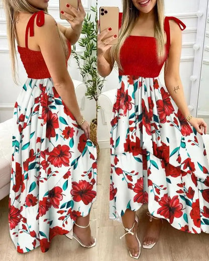 Summer Sexy Spaghetti Strap Floral Print Maxi Dress For Women Casual Elegant Chest Wrap Long Woman Beach Dress Holiday Red