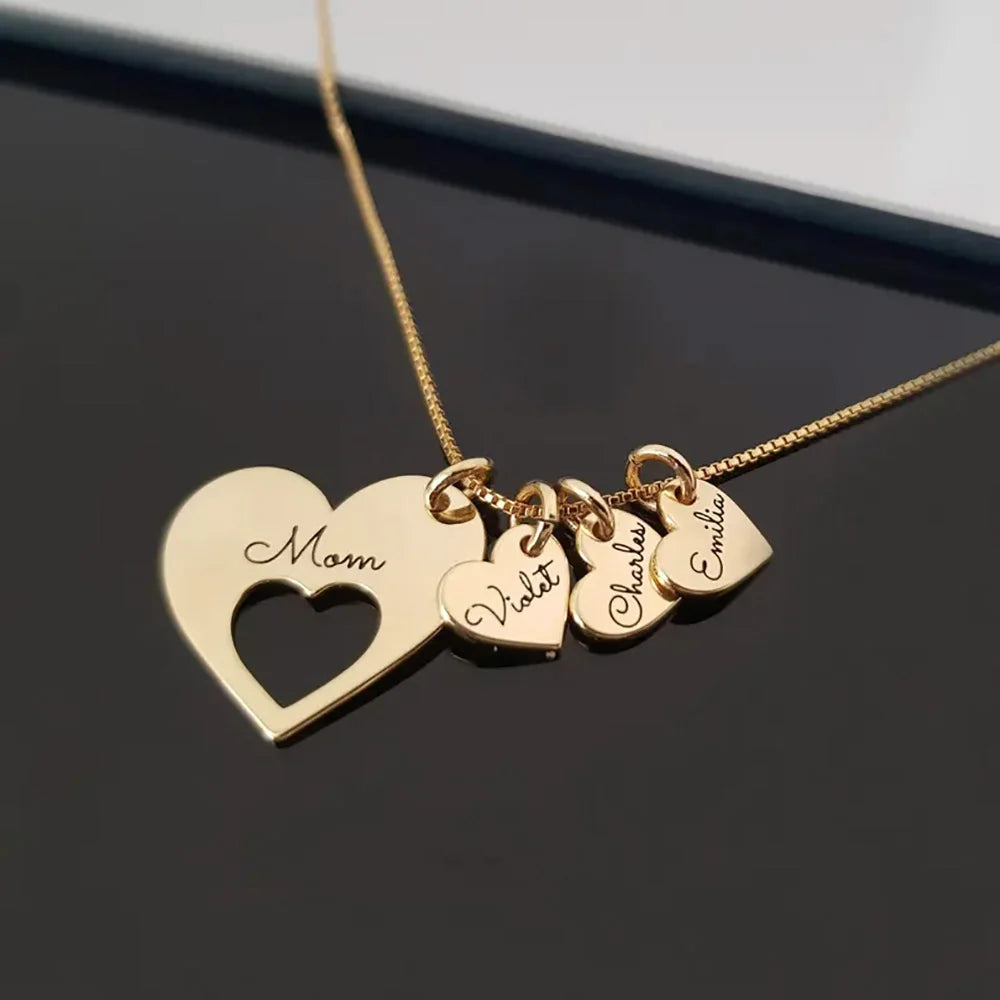 Personalized Name Hearts Necklace For Mom Engraved With Multiple Kids Names Customized Stainless Steel Jewelry Mother's Day Gift Badiee Stylez
