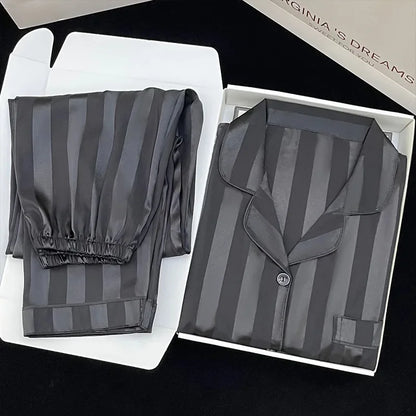 Korean Style Women's Two-piece Pajamas Sets Fashion Flower Print Faux Silk Satin Sleepwear Female Long Sleeve Pants Housewear 4