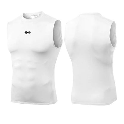 Men's Running Compression Vest Gym Clothing Sports Fitness Tank Tops Quick Dry Workout Sportswear O Neck Tight Sleeveless Shirt White