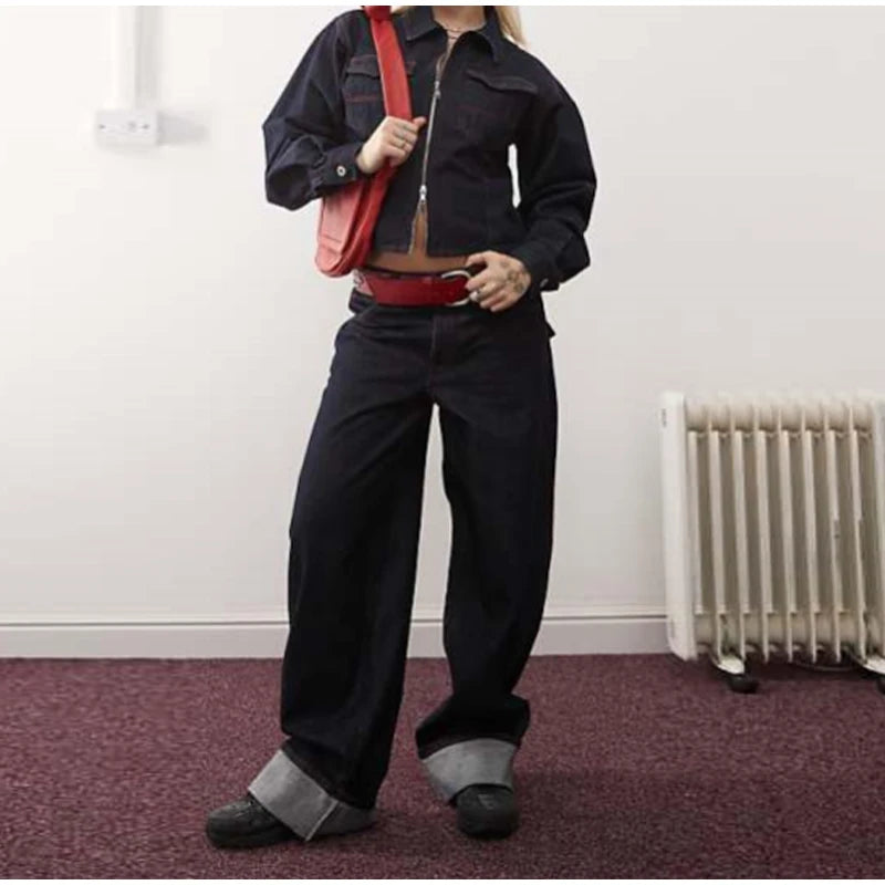 Lapel Zipper Denim Jackets Pants Sets Women Casual Pockets Short Jackets Suit With High Waist Jeans Lady Chic High Street Outfit