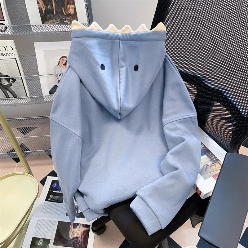 Hikigawa Chic Fashion Women Shark Hooded Sweatshirts Outerwear Autumn New Vintage Casual All Match Hoodies Coats Tosp Mujer