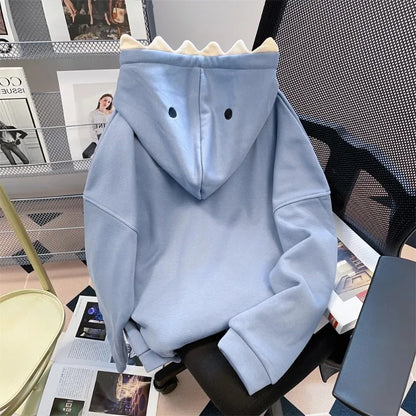 Hikigawa Chic Fashion Women Shark Hooded Sweatshirts Outerwear Autumn New Vintage Casual All Match Hoodies Coats Tosp Mujer