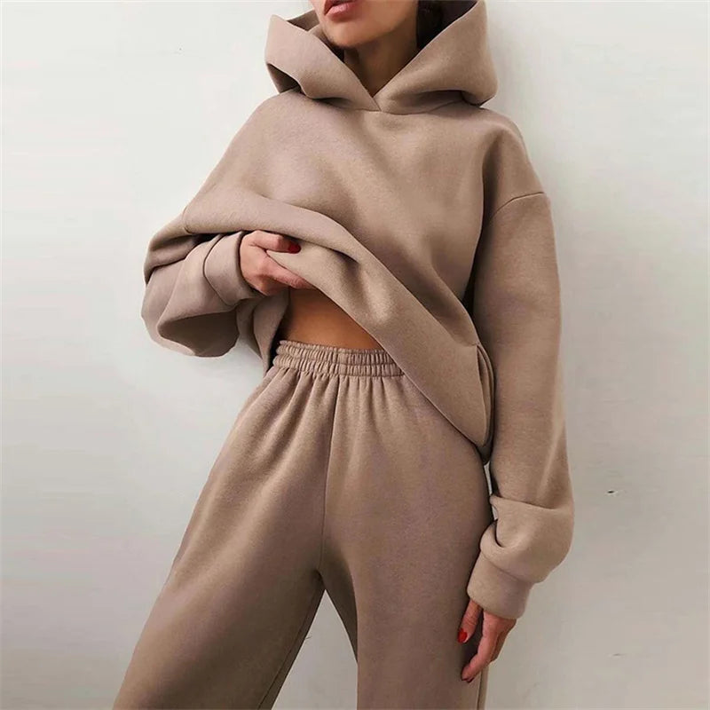 Women's Tracksuit Suit Autumn Fashion Warm Hoodie Sweatshirts Two Pieces Oversized Solid Casual Hoody Pullovers Long Pant Sets Khaki