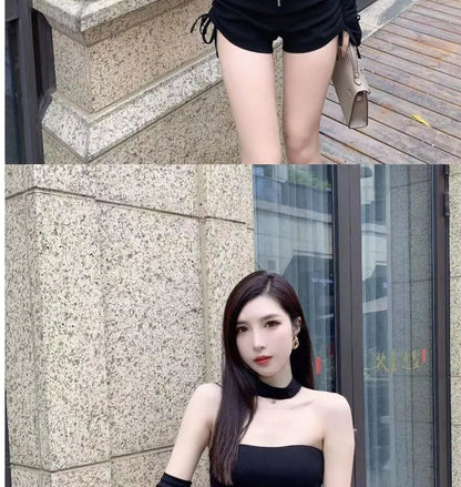High Waist Shirring Black Bodycon Shorts Female Summer All-match Pleated Elasticity Elastic Waist Straight Women Slim Trousers