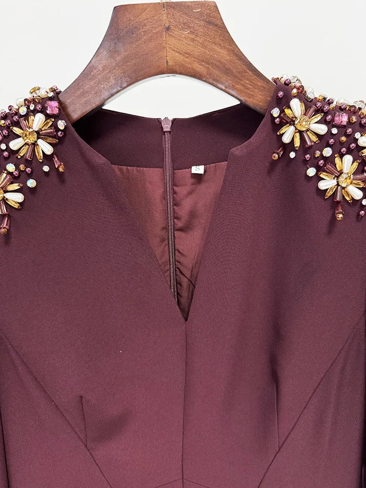 QMQA Fashion Women's Evening Dress Bead Diamond Spliced V Neck Long Sleeve High Waist Maxi Party Dresses 2025 Spring New QM324 Badiee Stylez