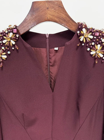 QMQA Fashion Women's Evening Dress Bead Diamond Spliced V Neck Long Sleeve High Waist Maxi Party Dresses 2025 Spring New QM324 Badiee Stylez