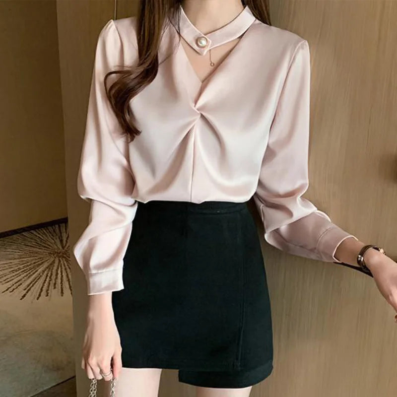 Satin Beading Halter V-Neck Woman Blouses 2022 Spring New Elegant Fashion Office Lady Long Sleeve Loose Commuter Shirts Female APRICOT