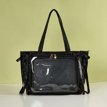 Japanese Large Capacity Satin Ribbon Ita Bag Sweet Girl Anime Transparent Tote Bag Lolita Shoulder Bags Clear Pvc Handbags Black