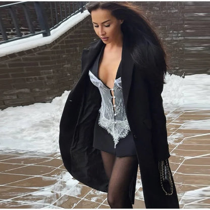 New Design Lace Patchwork Suit Jacket Women Retro Chic V-neck Single Breasted Waist-cinching Jackets Female High Street Outwear