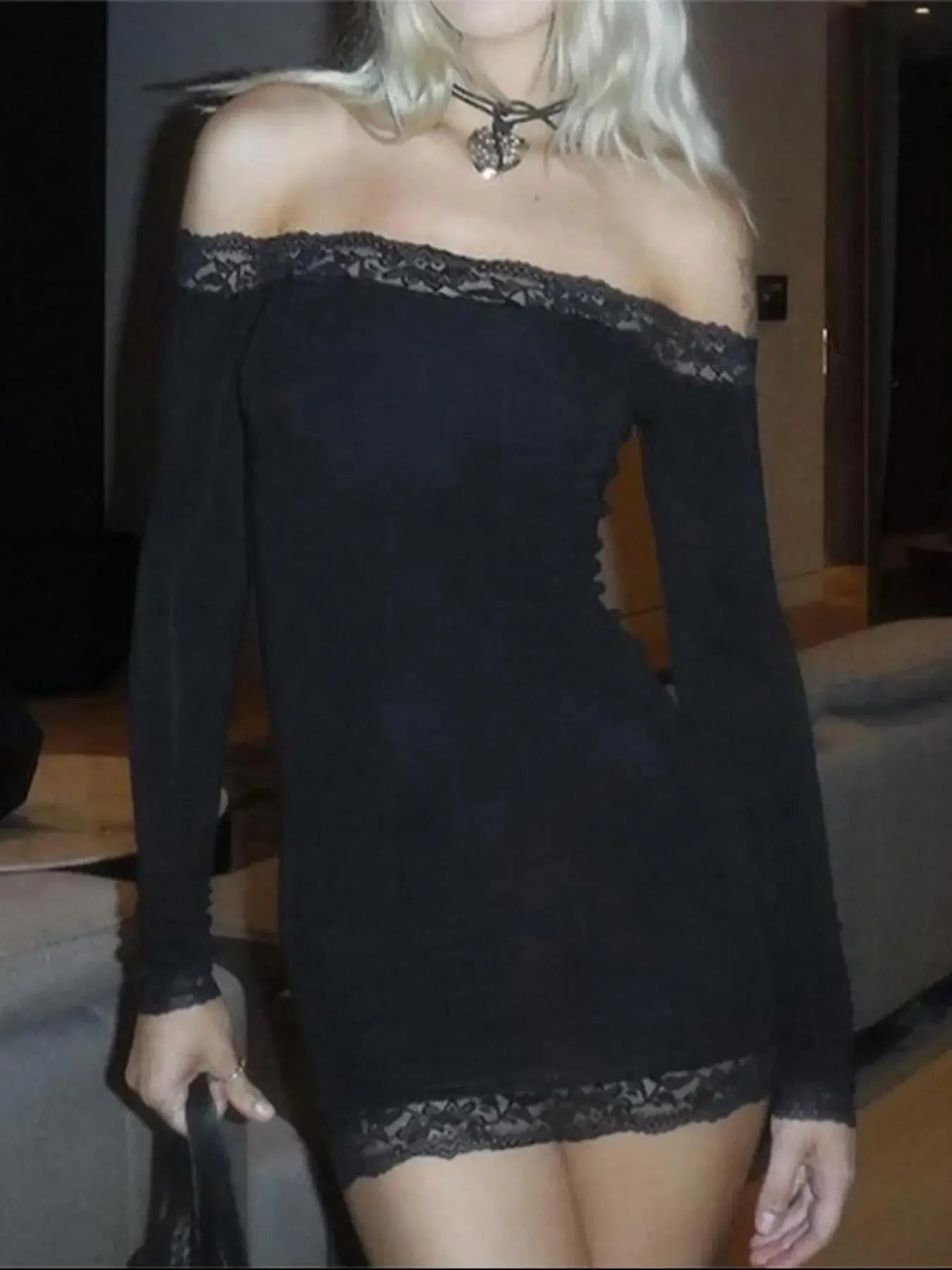 Rockmore Women's Lace Off Shoulder Bodycon Dress Elegant Long Sleeve Mini Dress for Party Club Dating Ladies Spring Fall Clothes black